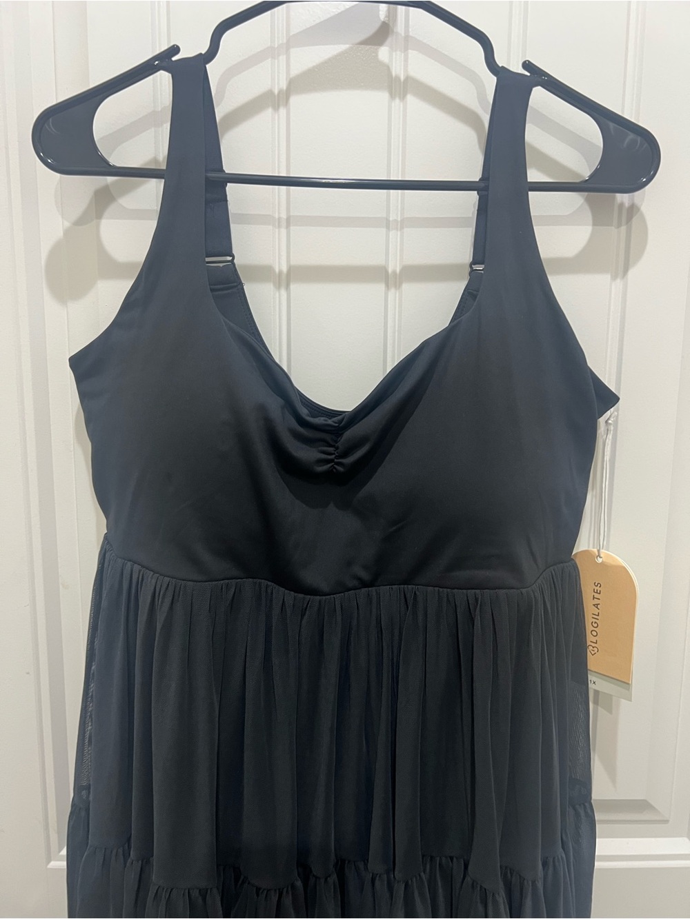 Tiered Black Chemise Slip Dress with Draped Neckline - Picture 2 of 10